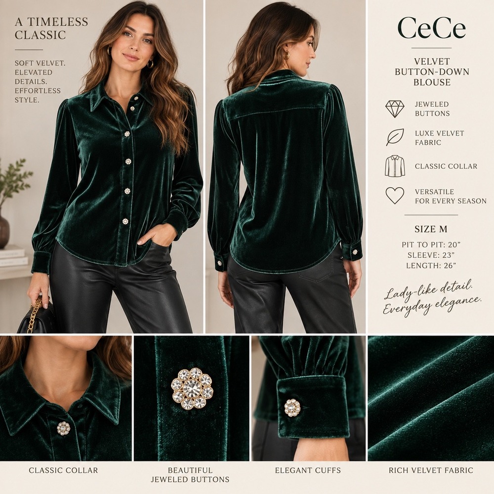 CeCe Green Velvet Button Down Blouse M Rhinestone Jeweled Holiday Christmas